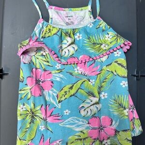 Carter's Blue and Pink Floral Tank Top with Pom-Pom Trim